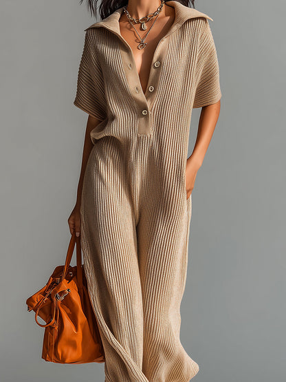 Chic Elegant Camel Lapel Button-Up V-Neck Short-Sleeve Loose-Fit Lantern Pants Ribbed Knit Jumpsuit
