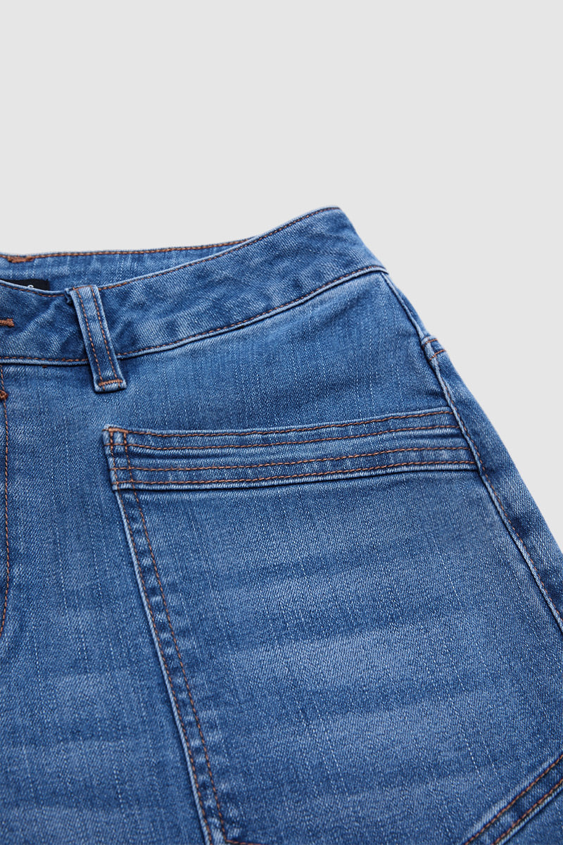 Wash Roll Hem Patched Pocket High Waist Tapered Crop Jeans