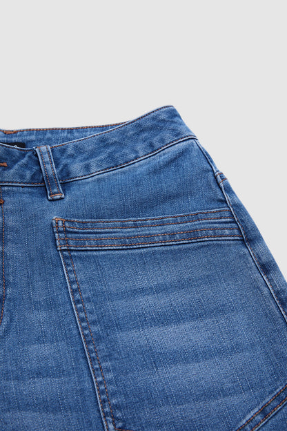 Wash Roll Hem Patched Pocket High Waist Tapered Crop Jeans