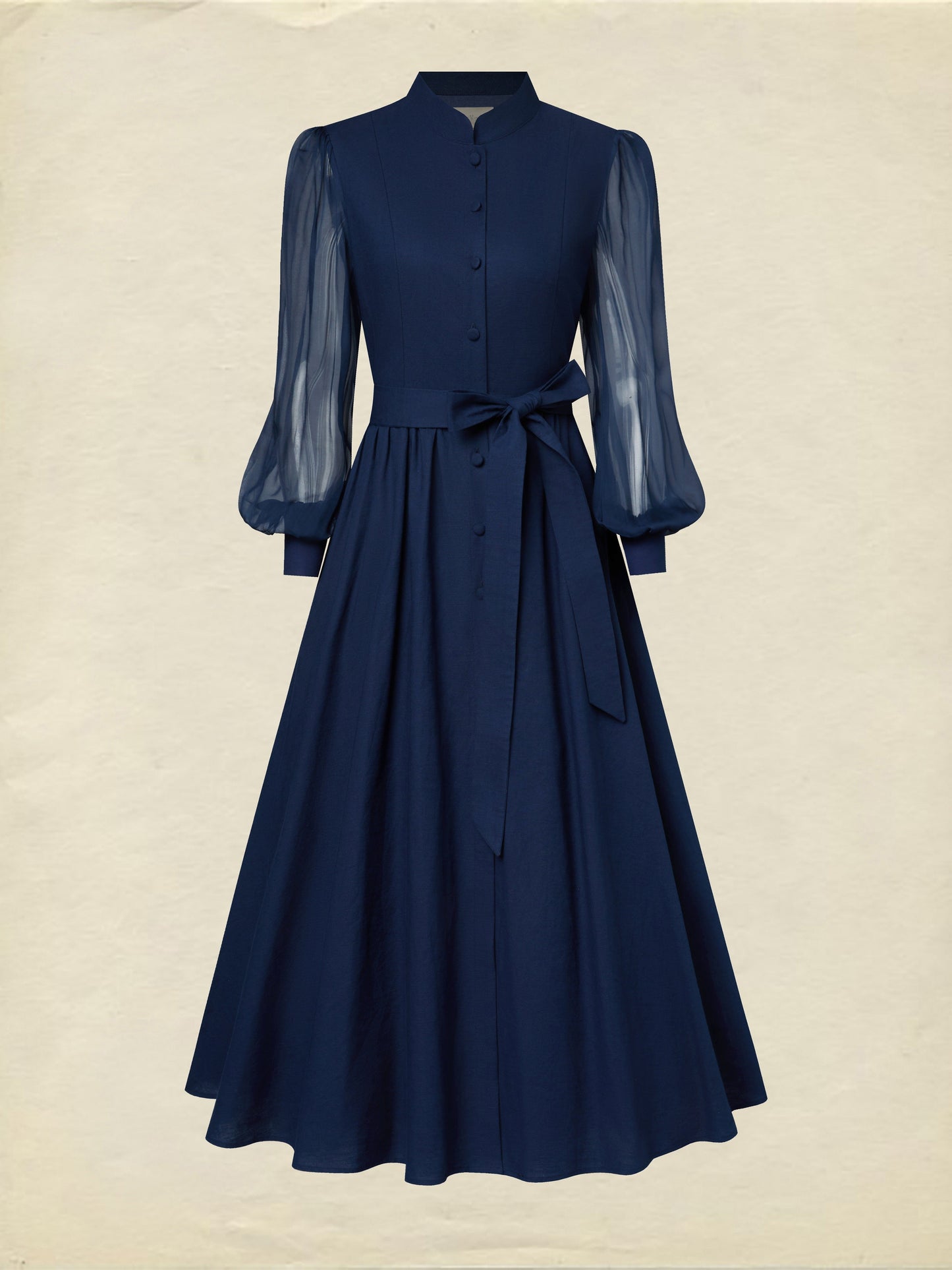 Robe longue en coton, manches longues, col montant, unie, ceinture, vintage français, violet bleu
