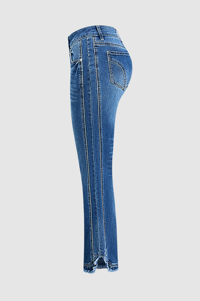 Stitch Detail Raw Hem Split Mid Waist Bootcut Jeans Without Belt