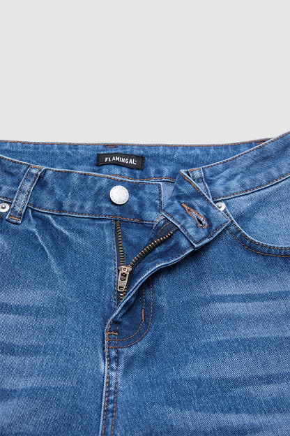 Wash Ripped Raw Hem Mid Rise Straight Leg Crop Jeans Without Belt