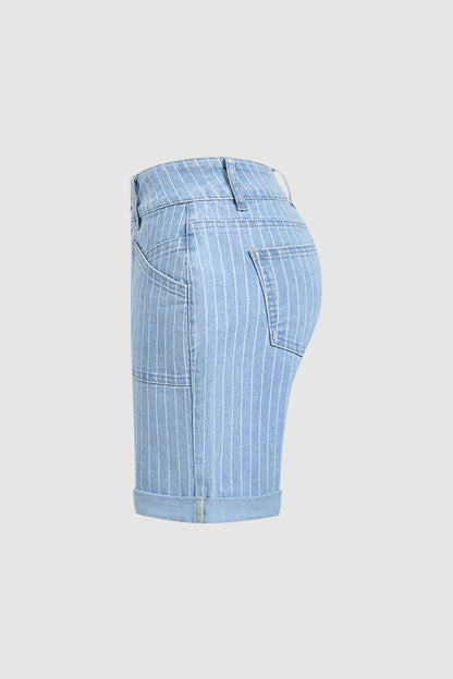 Pinstriped Roll Hem Mid Waist Denim Mid Thigh Shorts