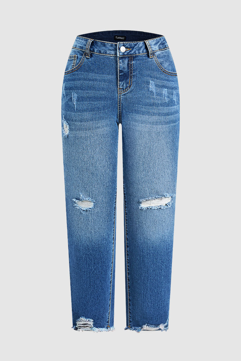 Wash Ripped Raw Hem Mid Rise Straight Leg Crop Jeans