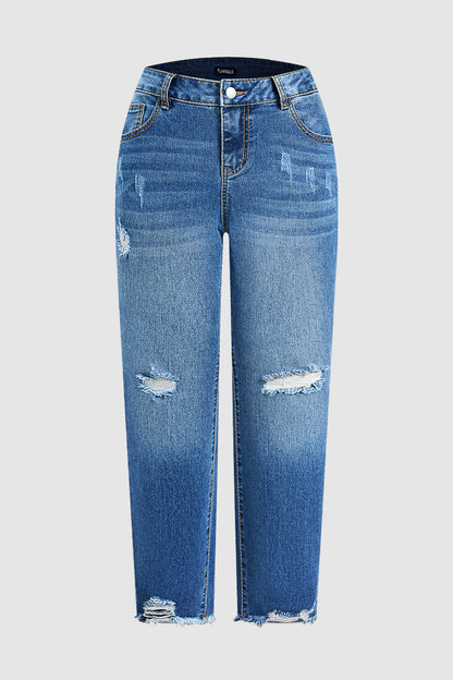 Wash Ripped Raw Hem Mid Rise Straight Leg Crop Jeans