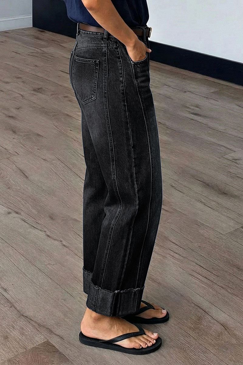 Wash Seam Front Roll Raw Hem Mid Rise Straight Leg Crop Jeans Without Belt