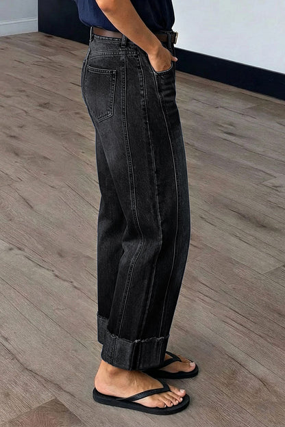 Wash Seam Front Roll Raw Hem Mid Rise Straight Leg Crop Jeans Without Belt