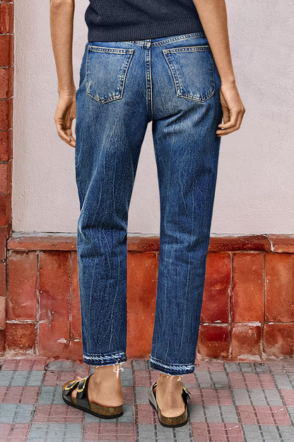 Wash Raw Hem Mid Rise Straight Leg Crop Jeans