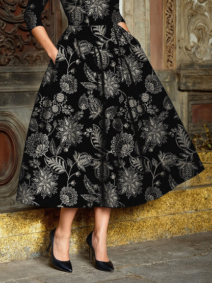 Robe midi en lin, demi-manches, col montant, motif cachemire, floral, poches, vintage, noire