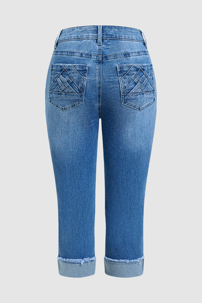 Roll & Raw Hem Criss Cross Mid Waist Straight Leg Capri Jeans