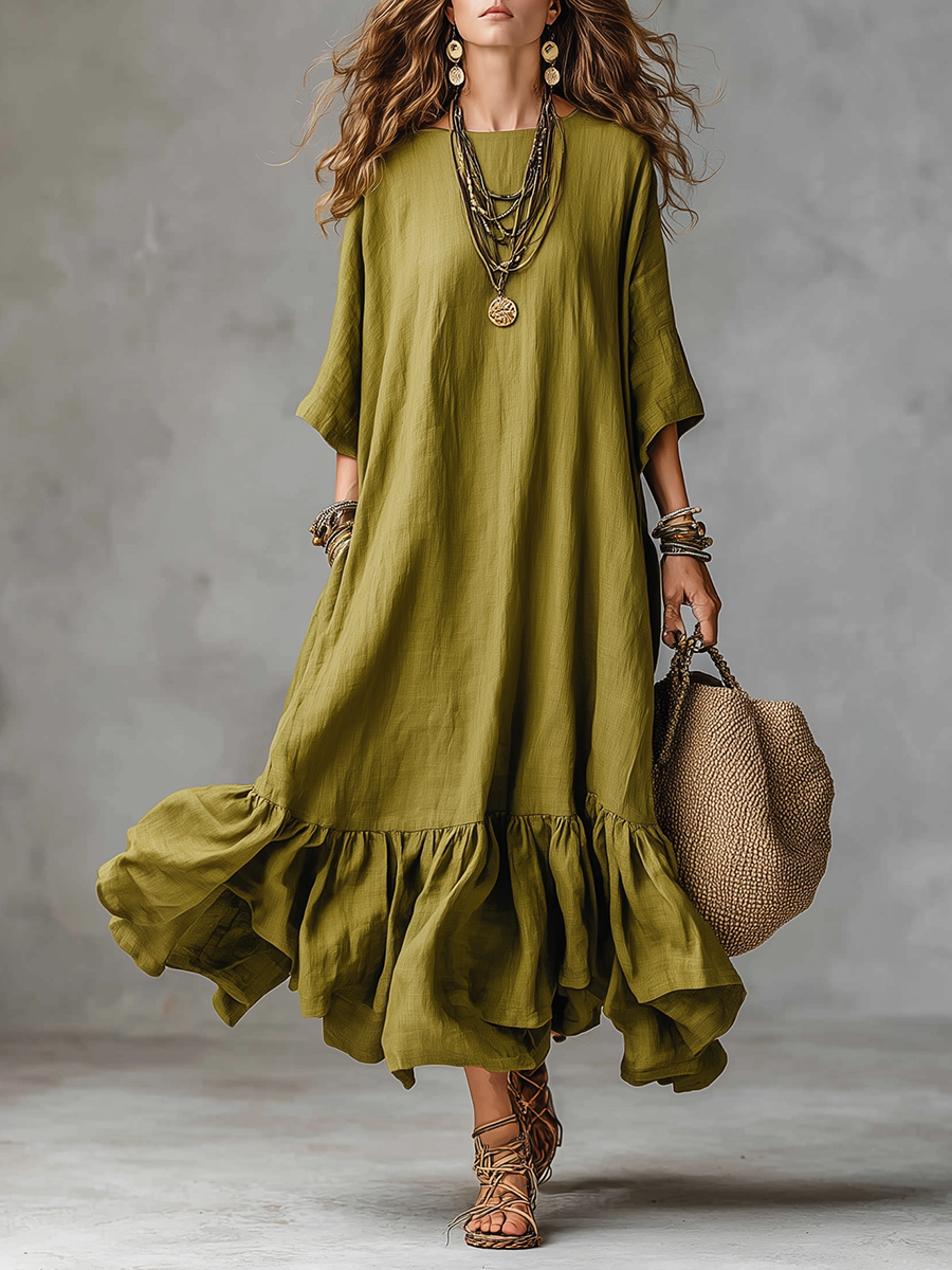 Robe longue à volants vert olive bohème décontractée