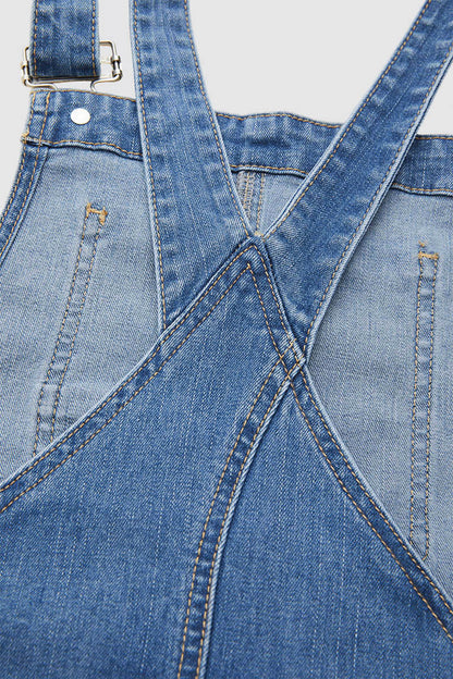 Stitch Detail Button Side Barrel Leg Denim Crop Overalls