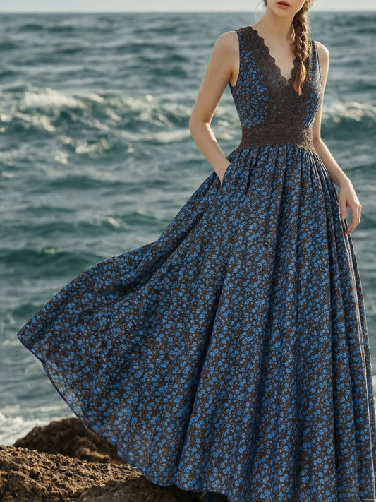 Robe longue en coton, sans manches, col en V, motifs floraux, dentelle, vintage, bleue