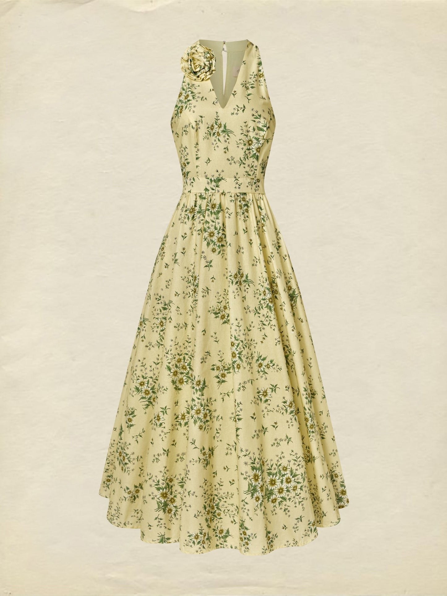 Robe longue en coton, sans manches, col en V, à fleurs, fleurs en 3D (détachables), vacances, vintage, jaune