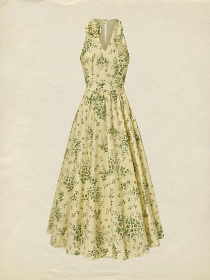 Robe longue en coton, sans manches, col en V, à fleurs, fleurs en 3D (détachables), vacances, vintage, jaune