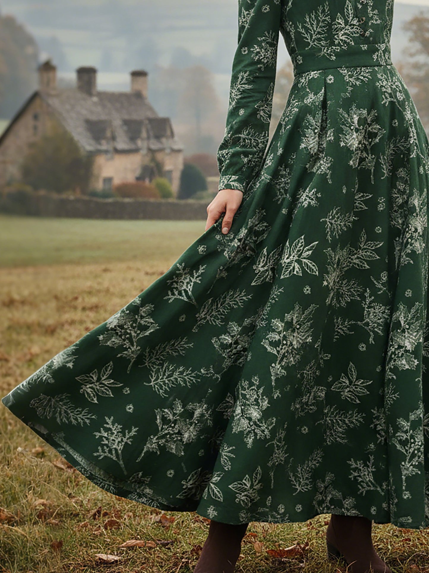Robe longue en lin, manches longues, col en V, motif floral, boutonnée, style vintage, vert foncé