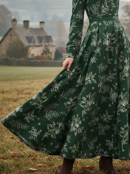 Robe longue en lin, manches longues, col en V, motif floral, boutonnée, style vintage, vert foncé