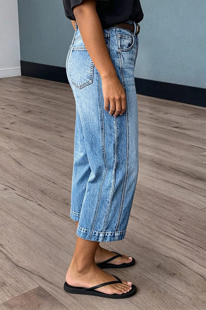 Wash Seam Detail High Rise Straight Leg Crop Jeans Without Belt
