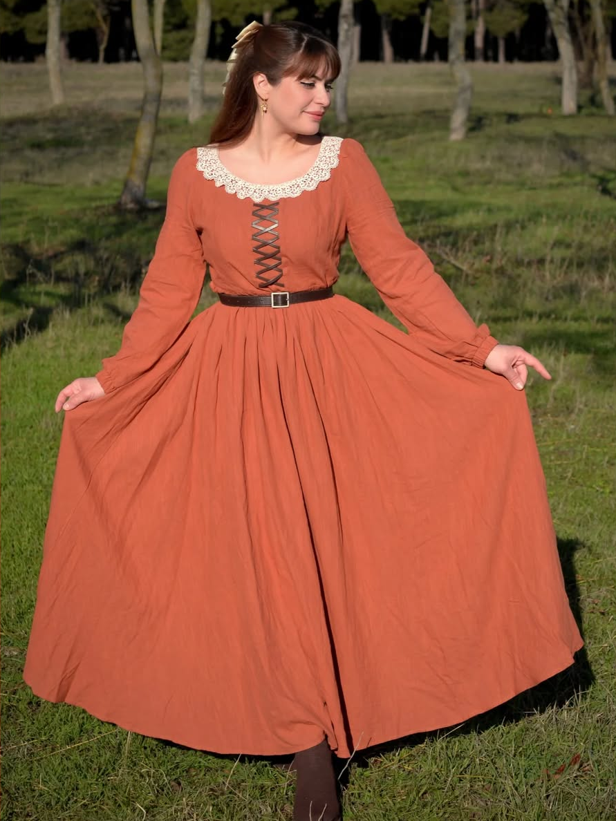 Robe longue en coton, manches longues, encolure carrée, coupe princesse, mélange de lin, orange