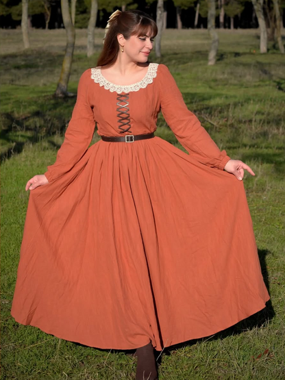 Robe longue en coton, manches longues, encolure carrée, coupe princesse, mélange de lin, orange