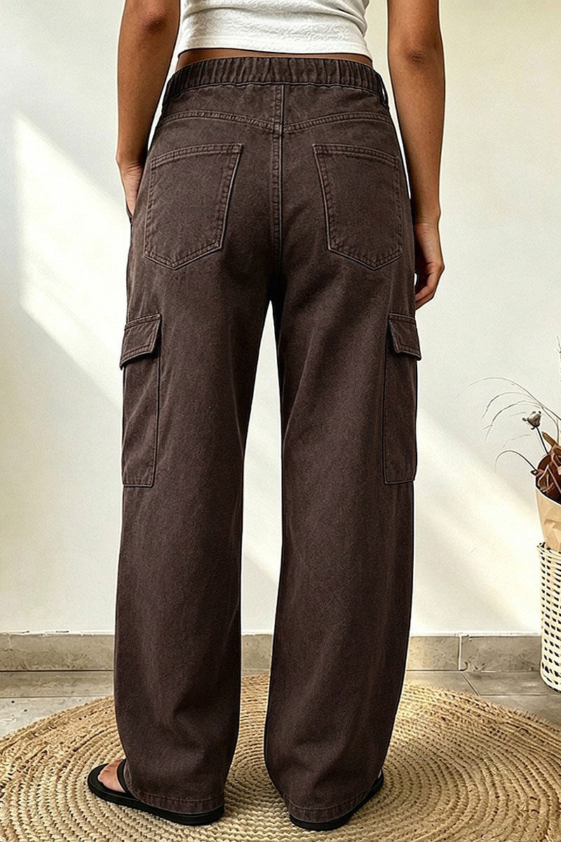 Solid Flap Pocket Drawstring Elastic Mid Waist Wide Leg Cargo Pants