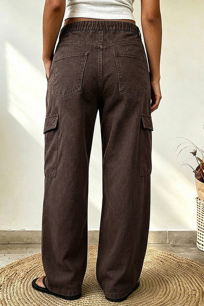 Solid Flap Pocket Drawstring Elastic Mid Waist Wide Leg Cargo Pants