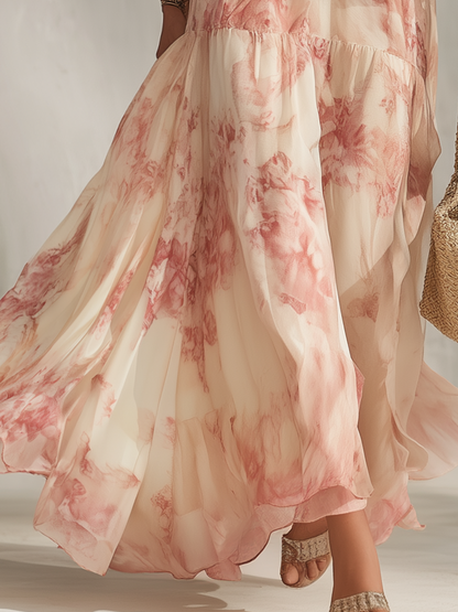 Robe longue étagée à manches bouffantes, décolleté en V et imprimé floral romantique