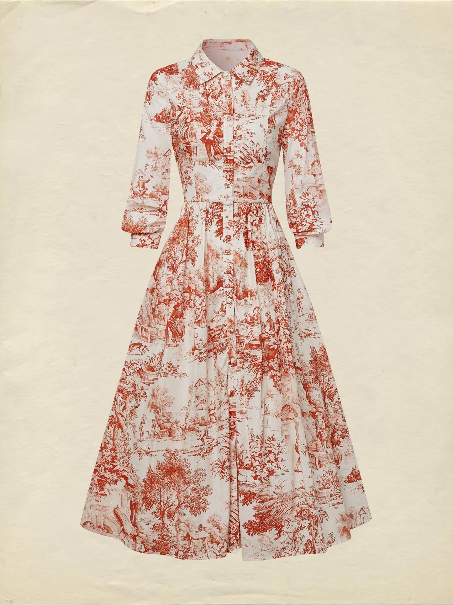 Robe longue en lin, Manches mi-longues, Col châle, Motif floral, Boutonnée, Style français vintage, Blanche