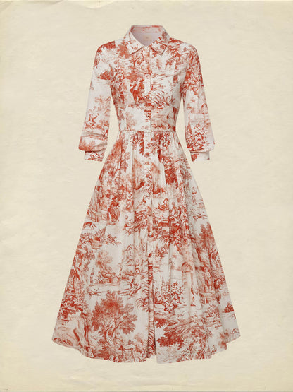 Robe longue en lin, Manches mi-longues, Col châle, Motif floral, Boutonnée, Style français vintage, Blanche