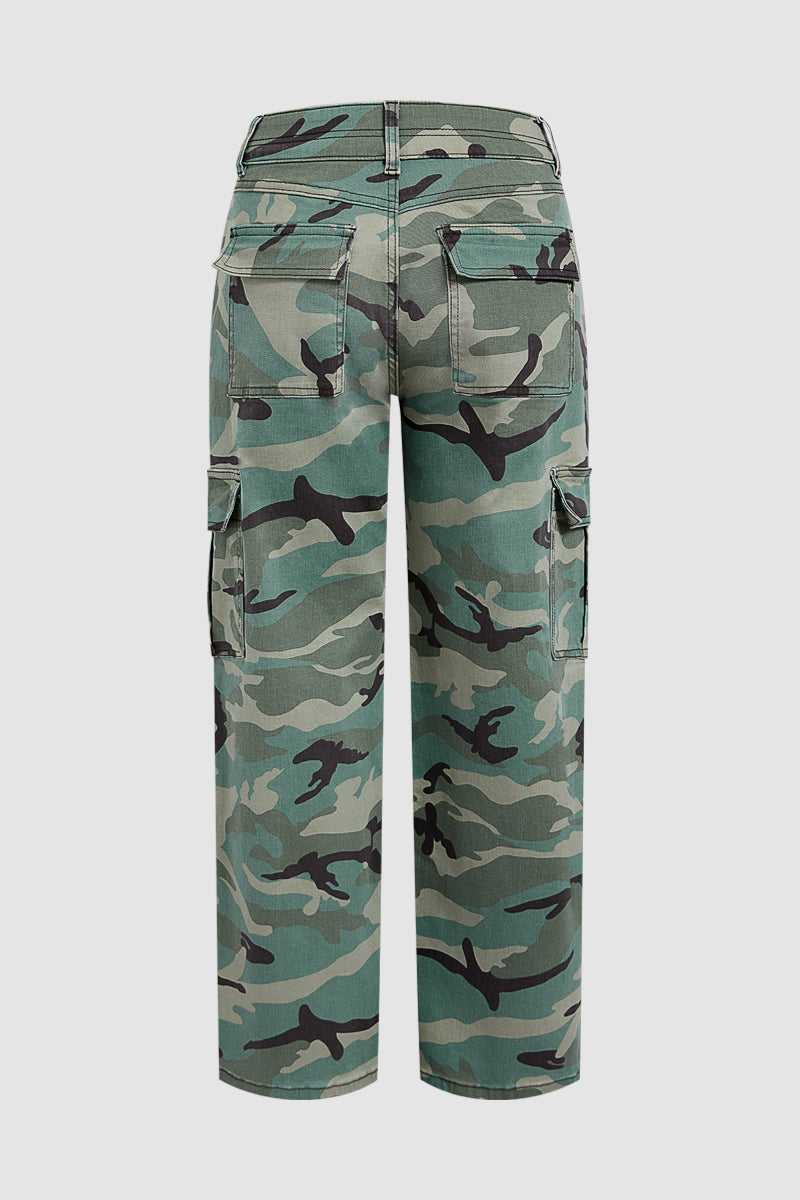 Camo Print Flap Pocket Mid Waist Straight Leg Cargo Pants