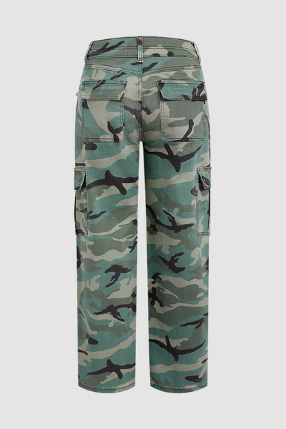 Camo Print Flap Pocket Mid Waist Straight Leg Cargo Pants