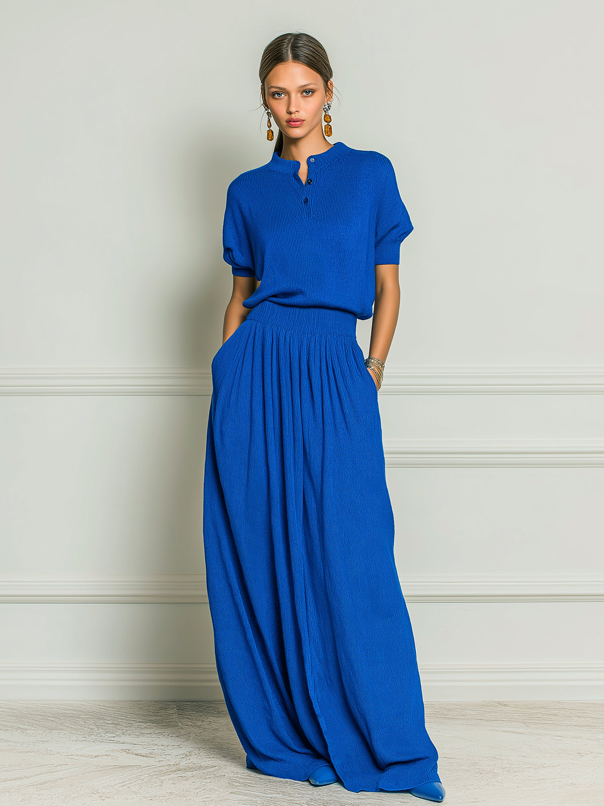 Chic Elegant Royal Blue Henley Neck Short-Sleeve Loose-Fit Sweater A-Line Maxi Skirt Knit Two-Piece Set
