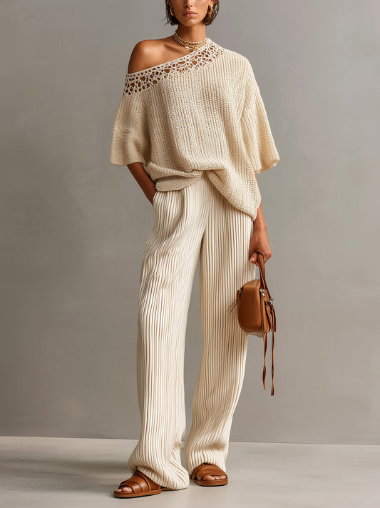 Chic Elegant Beige One Shoulder Short-Sleeve Lace Details Loose-Fit Sweater Wide-Leg Pants Ribbed Knit Two-Piece Set