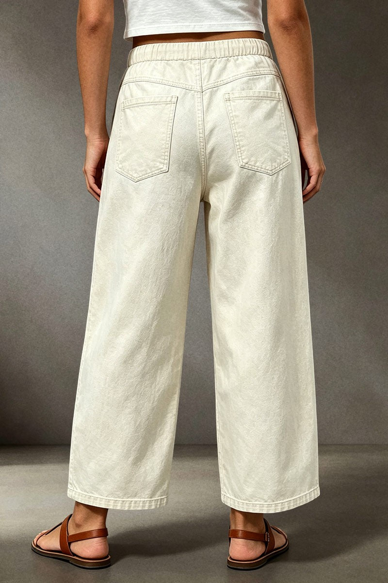 Solid Patch Pocket Drawstring Elastic Mid Waist Wide Leg Cropped Pants
