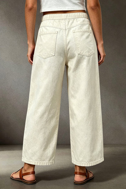 Solid Patch Pocket Drawstring Elastic Mid Waist Wide Leg Cropped Pants