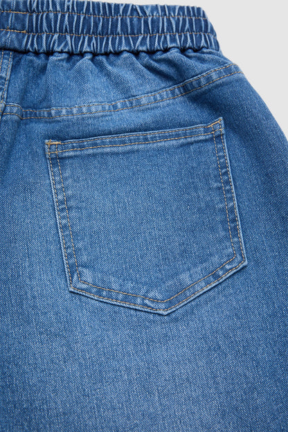 Wash Stitch Detail Roll Hem Drawstring Mid Rise Denim Bermuda Shorts