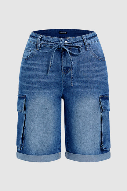 Wash Flap Pocket Roll Hem Belted High Rise Denim Bermuda Shorts