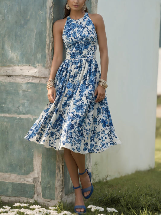 Robe Midi en Lin, Sans Manches, Col Rond, Imprimé Floral, Vacances, Style Vintage, Bleue