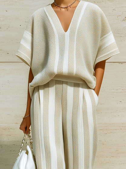 Chic Casual White-Beige Striped V-Neck Short-Sleeve Loose Sweater Wide-Leg Pants Knit Two-Piece Set
