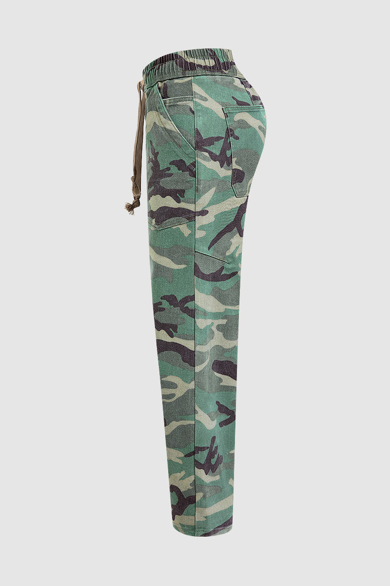 Camo Drawstring Mid Waist Barrel Leg Crop Pants