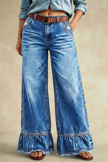 Wash Ruffle Hem Raw Hem Mid Waist Wide Leg Jeans Without Belt