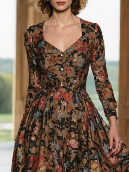Robe midi en lin, manches longues, encolure en cœur, imprimé floral, boutons, vacances, style vintage, marron foncé