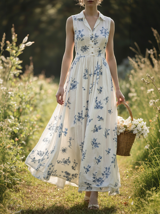 Robe longue en lin, sans manches, col châle, motif floral, vintage, blanche