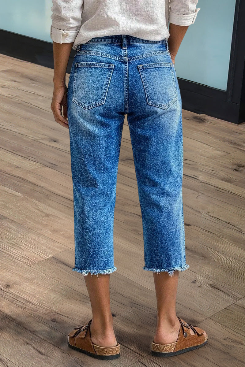 Raw Hem Ripped Mid Waist Straight Leg Capri Jeans