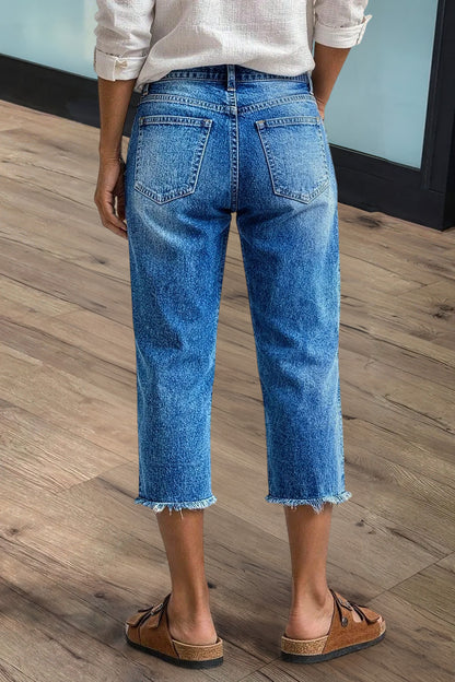 Raw Hem Ripped Mid Waist Straight Leg Capri Jeans
