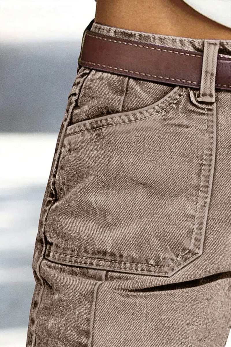 Stitch Detail Side Pocket Mid Waist Straight Leg Capri Pants Without Belt
