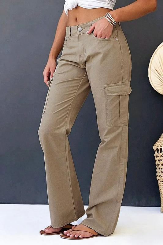 Solid Flap Pocket Mid Rise Straight Leg Pants