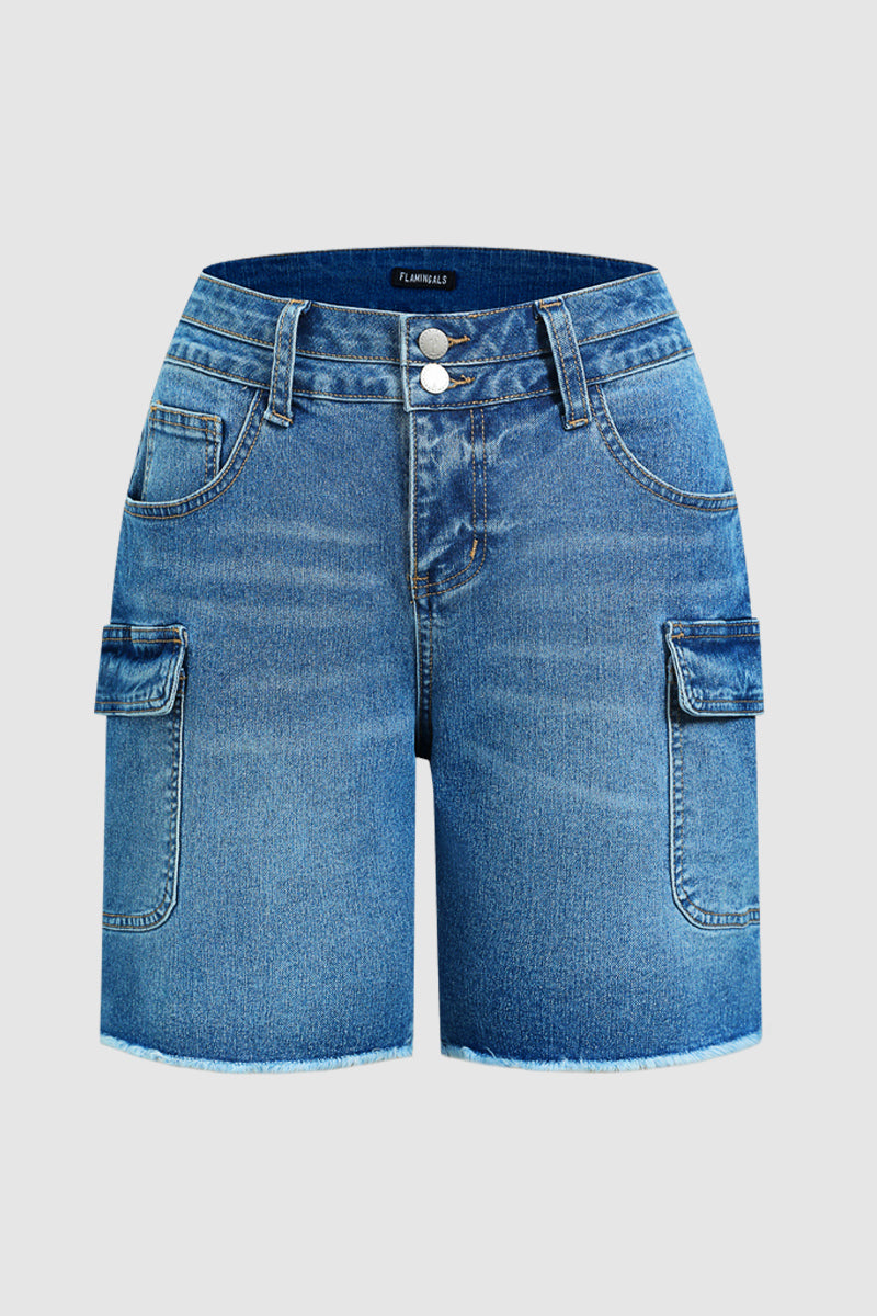 Wash Raw Hem Dual Button Mid Waist Denim Mid Thigh Shorts