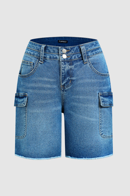 Wash Raw Hem Dual Button Mid Waist Denim Mid Thigh Shorts