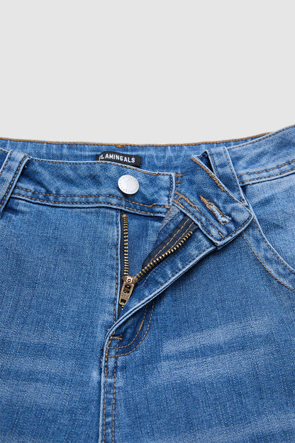 Wash Button Detail High Waist Straight Leg Cropped Jeans